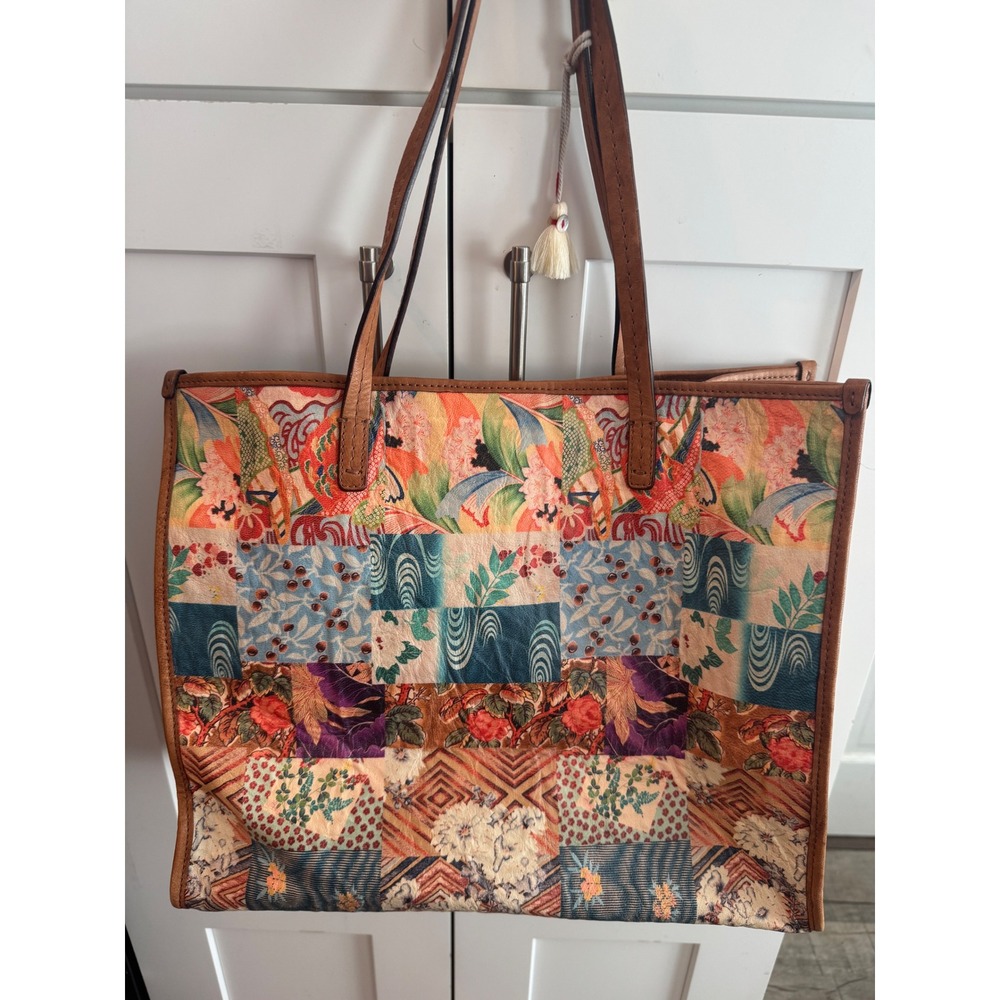 Johnny Was Patchwork Print Leather Trim Tote‎ Bag Floral Boho Italy Large